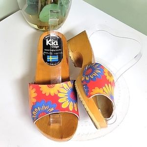 🎀Clearance🎀 Kia Sweden Floral Print Leather Sandals Wooden Heels Clogs 39 9